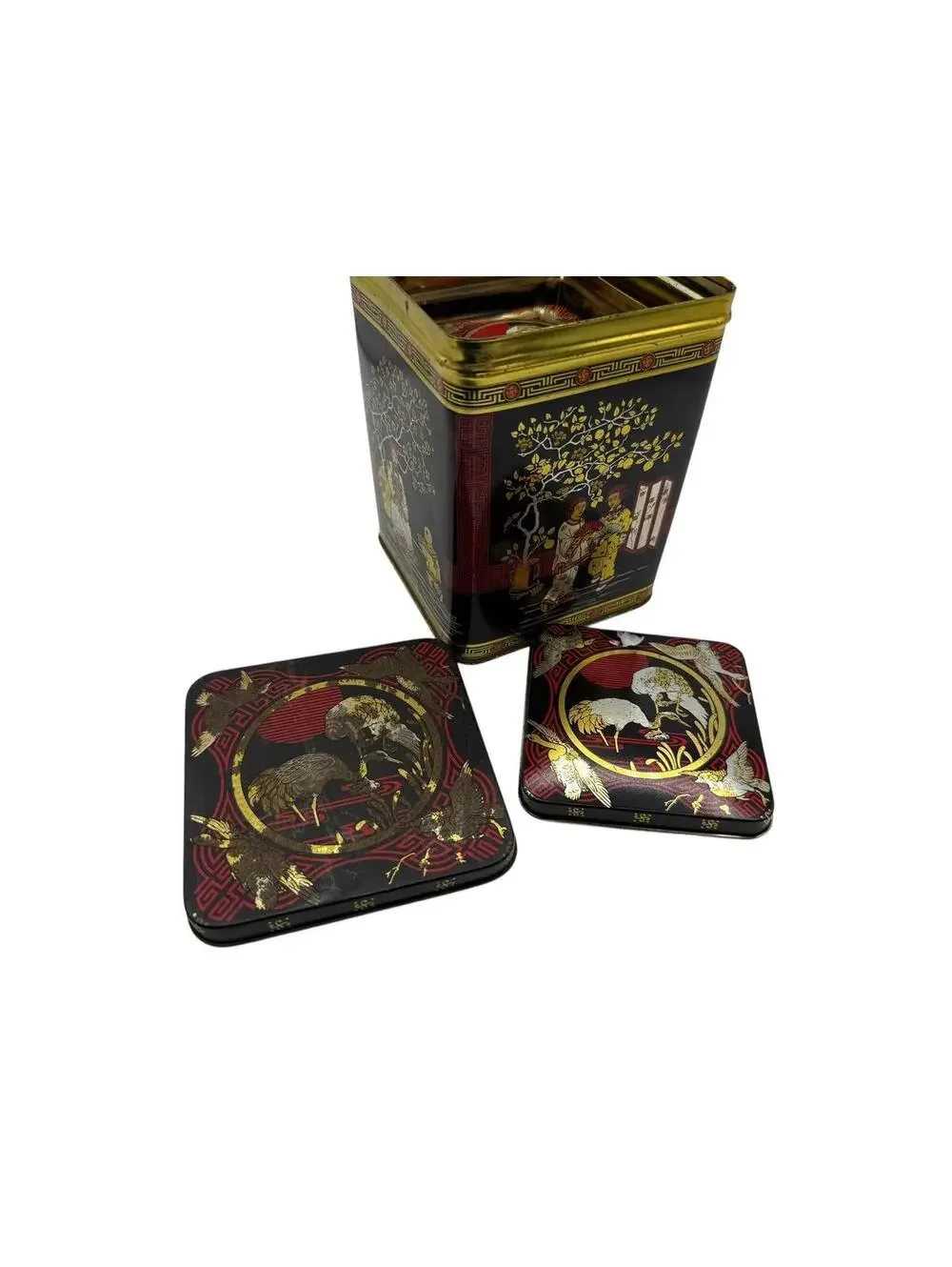 Vintage Nesting Tea Tins: Asian Design, Black & Gold Storage, Set of 3